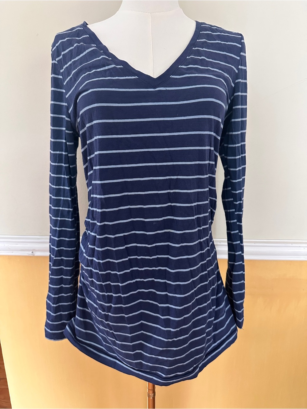 GAP Maternity Pure Body Navy and White Striped V-Neck Long Sleeve Tee